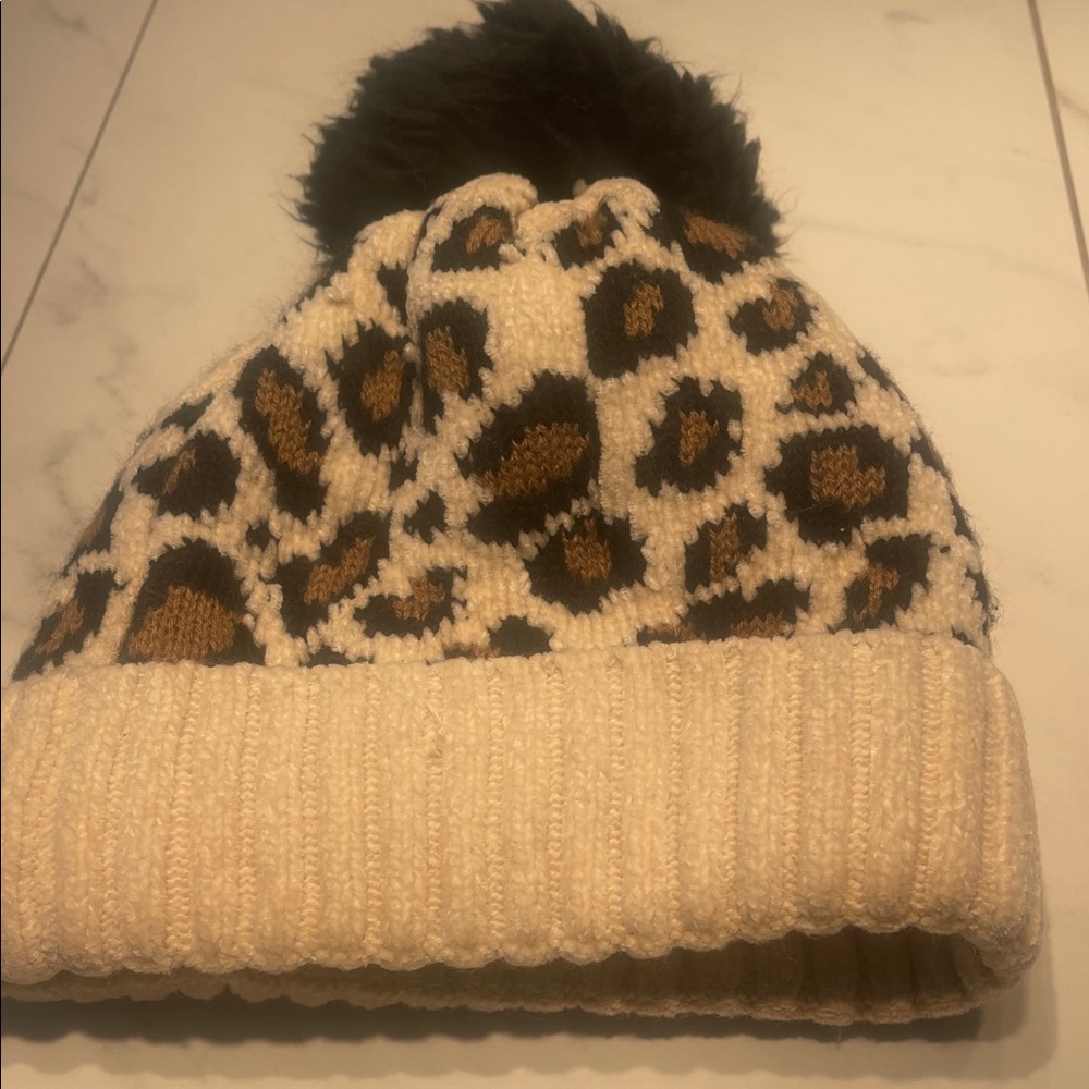 summer & rose Leopard Knit Pom Beanie in Cream, Brown & Black